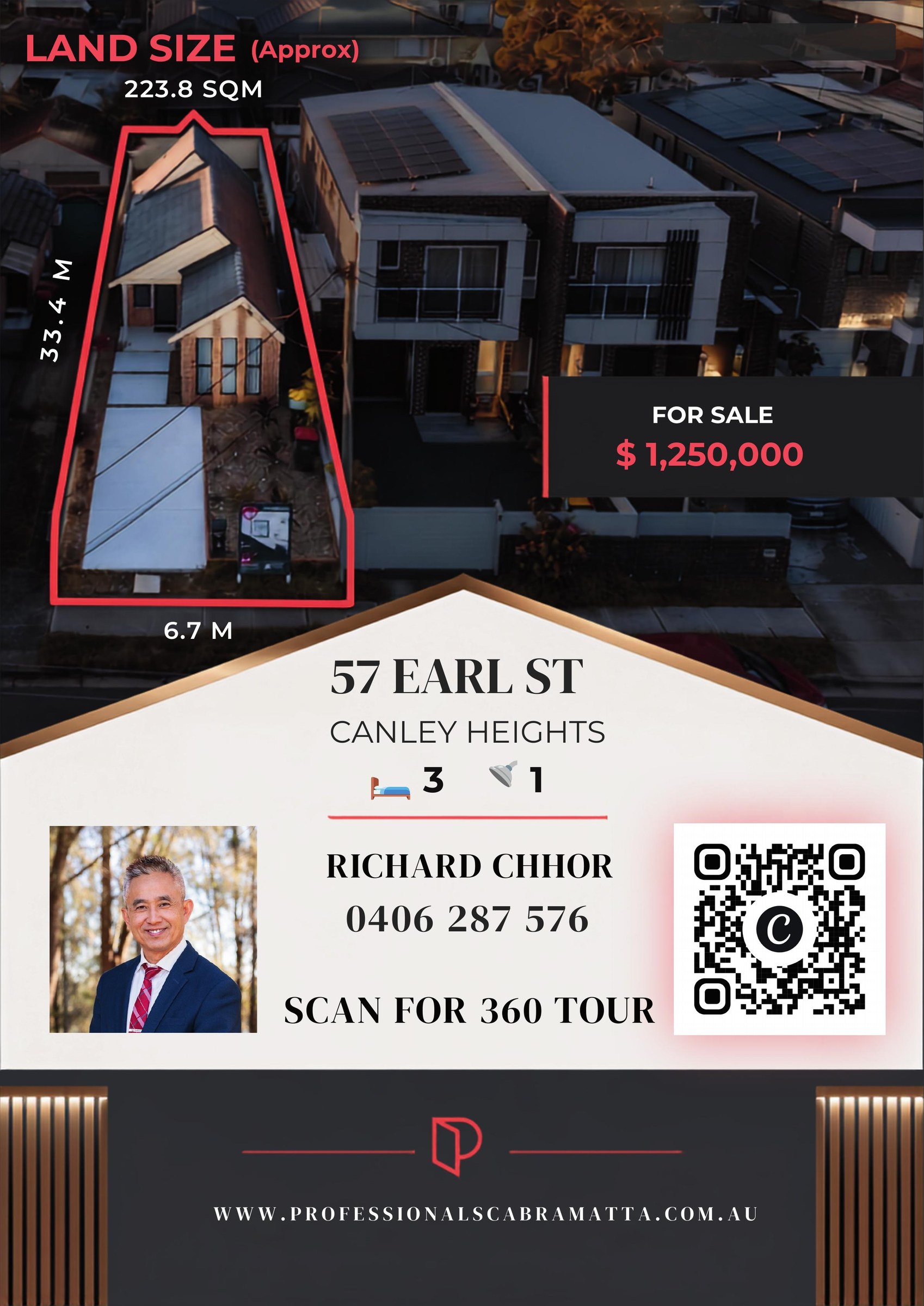 57 Earl Street, Canley Heights — For Sale sign by Professionals Cabramatta featuring DigiRise aerial photography and 360° tour QR code