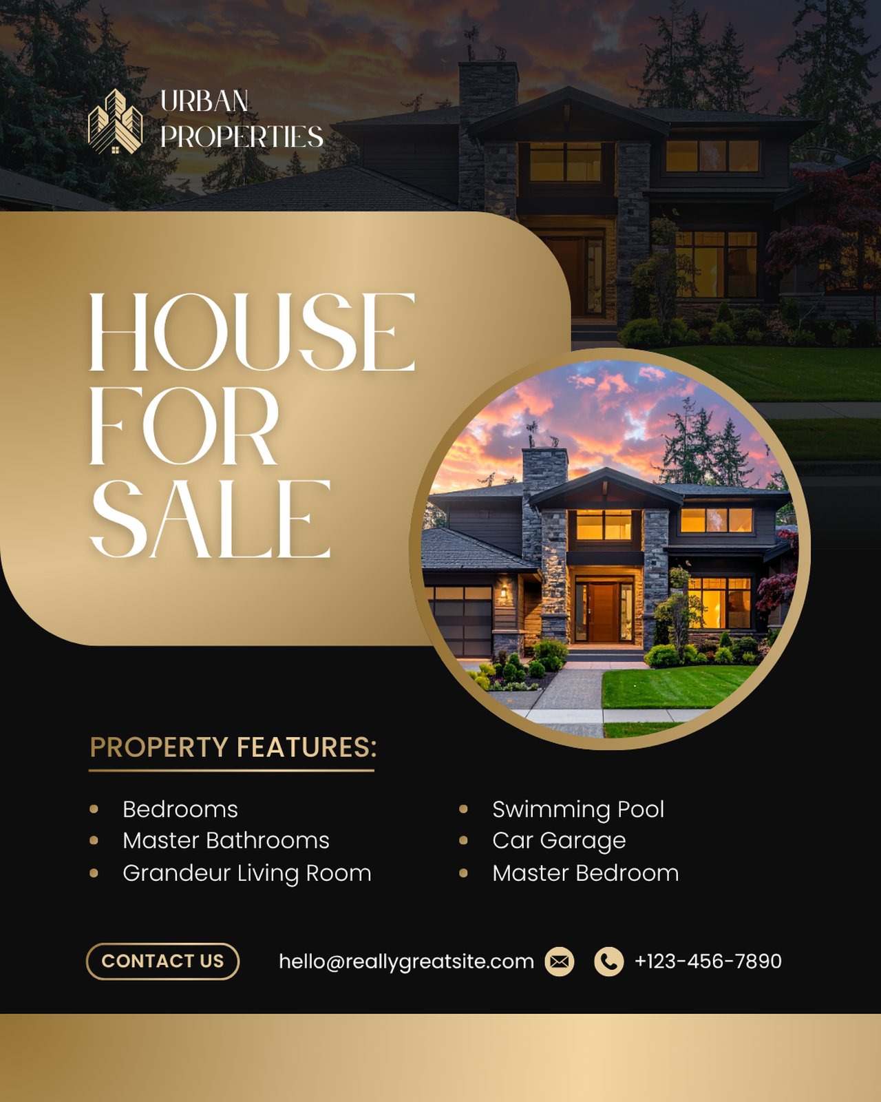 Signage style — Urban Properties, black and gold house for sale